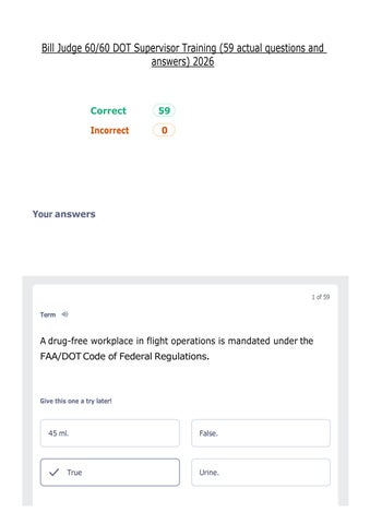 Bill Judge 60 60 DOT Supervisor Training (59 actual questions and answers) 2026