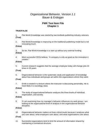 Test Bank for Organizational Behavior, Version 1.1 by Talya N. Bauer and Berrin Erdogan.