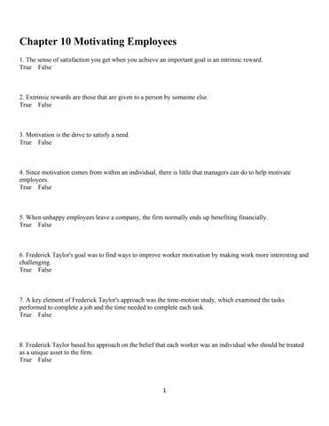 Answer Key Chapter 10 Motivating Employees