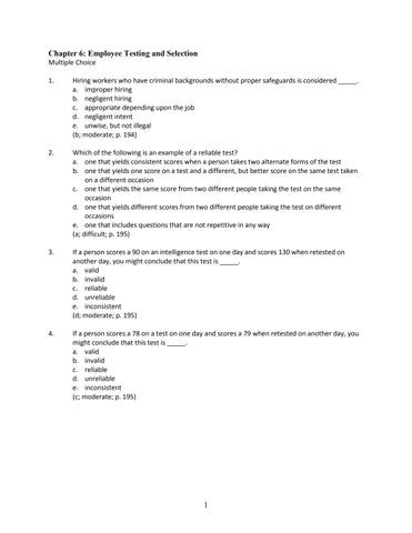 Answer Key Chapter 6 Employee Testing and Selection