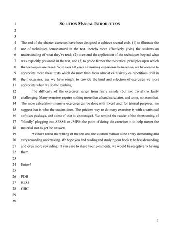 Instructor's Solution Manual Experimental Design With Application in Management, Engineering, and th