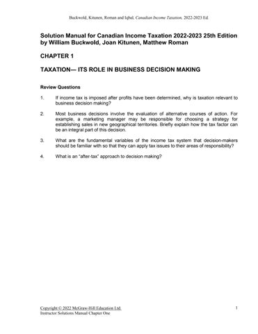 Solution Manual for Canadian Income Taxation 20222023 25th Edition by William Buckwold, Joan Kitunen