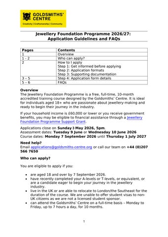 Jewellery Foundation Programme 2026-2027: Application Guidelines and FAQs