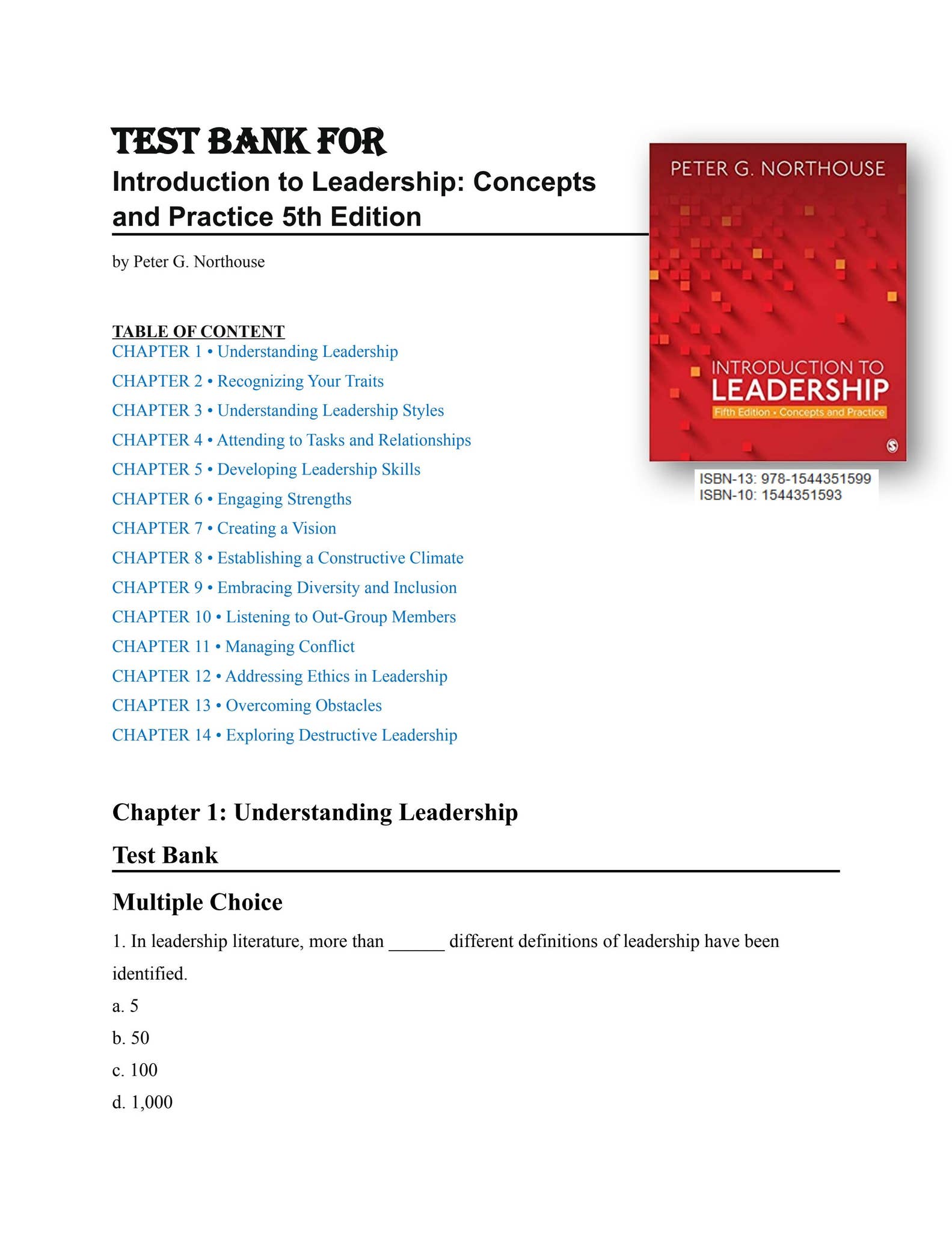 TEST BANK FOR Introduction to Leadership Concepts and Practice 5th ...