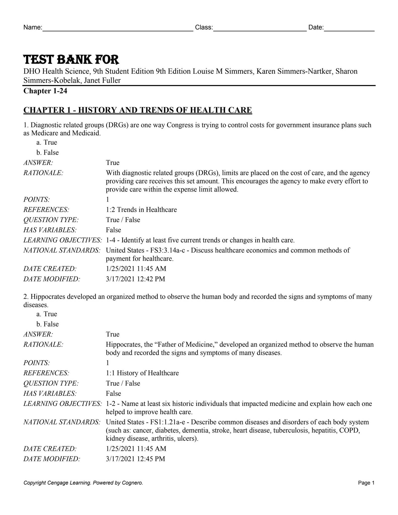 Test Bank For DHO Health Science, 9th Student Edition 9th