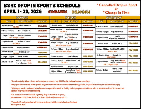 APR Drop-in Sports Schedule 