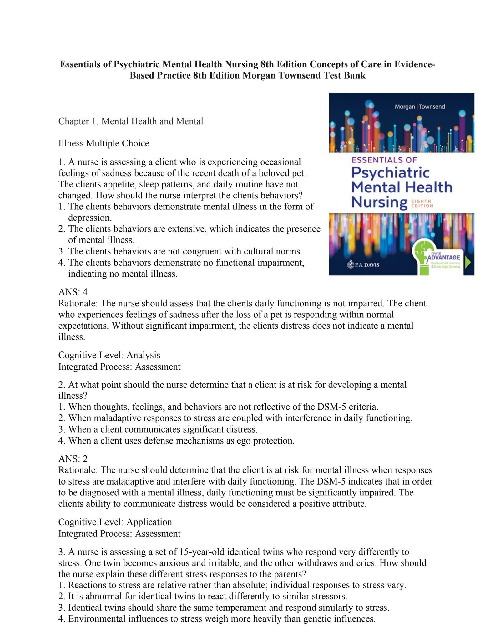 Essentials of Psychiatric Mental Health Nursing 8th Edition Concepts of ...