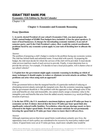 Essay Test Bank For Economics 11th Edition by David Colander Chapter 1-38