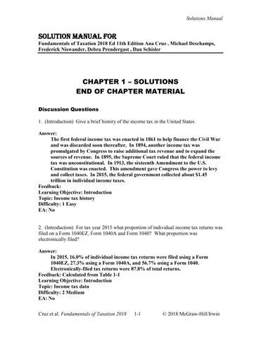 Solution Manual for Fundamentals of Taxation 2018 Ed 11th Edition Ana Cruz , Michael Deschamps, Fred