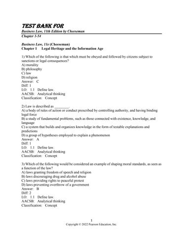 Test Bank for Business Law, 11th edition by Cheeseman