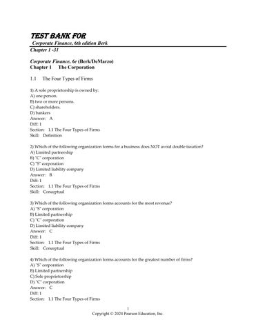 Test Bank for Corporate Finance, 6th Edition by Jonathan Berk, David Stangeland, Peter DeMarzo