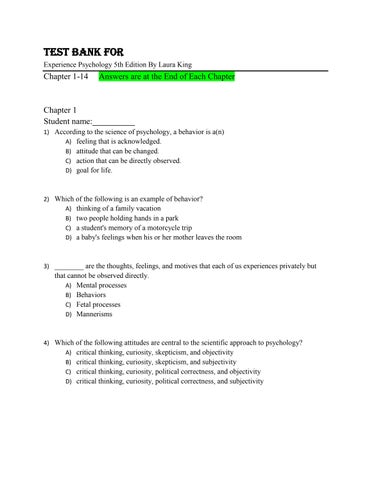 Test Bank for Experience Psychology 5th Edition By Laura King