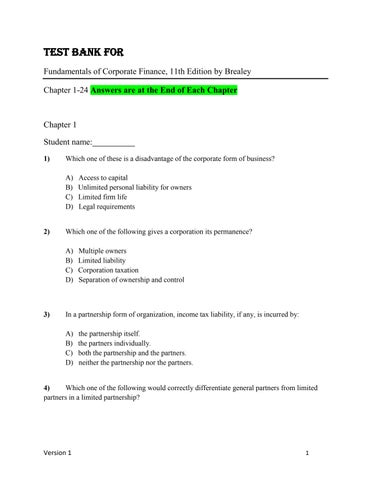 Test Bank for Fundamentals of Corporate Finance, 11th Edition by Richard Brealey, Stewart Myers, Ala