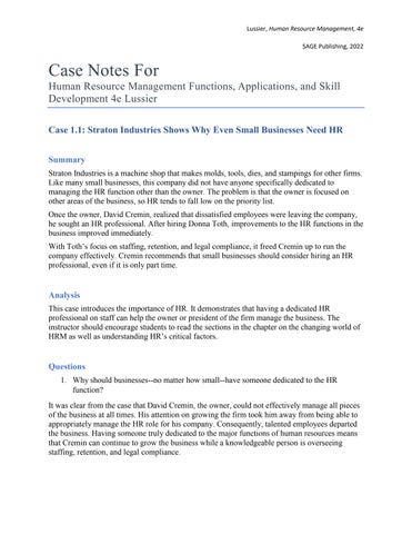 Case Notes for Human Resource Management Functions, Applications, and ...