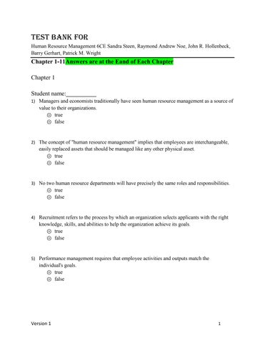 Test Bank for Human Resource Management 6CE Sandra Steen, Raymond Andrew Noe, John R. Hollenbeck, Ba