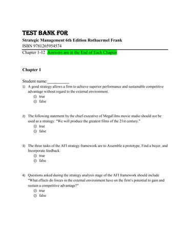 Test Bank for Strategic Management 6th Edition Rothaermel Frank ISBN 9781265954574