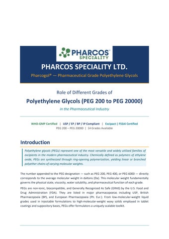 Role of Different Grades of Polyethylene Glycols (PEG 200 to PEG 20000) in the Pharmaceutical Indust