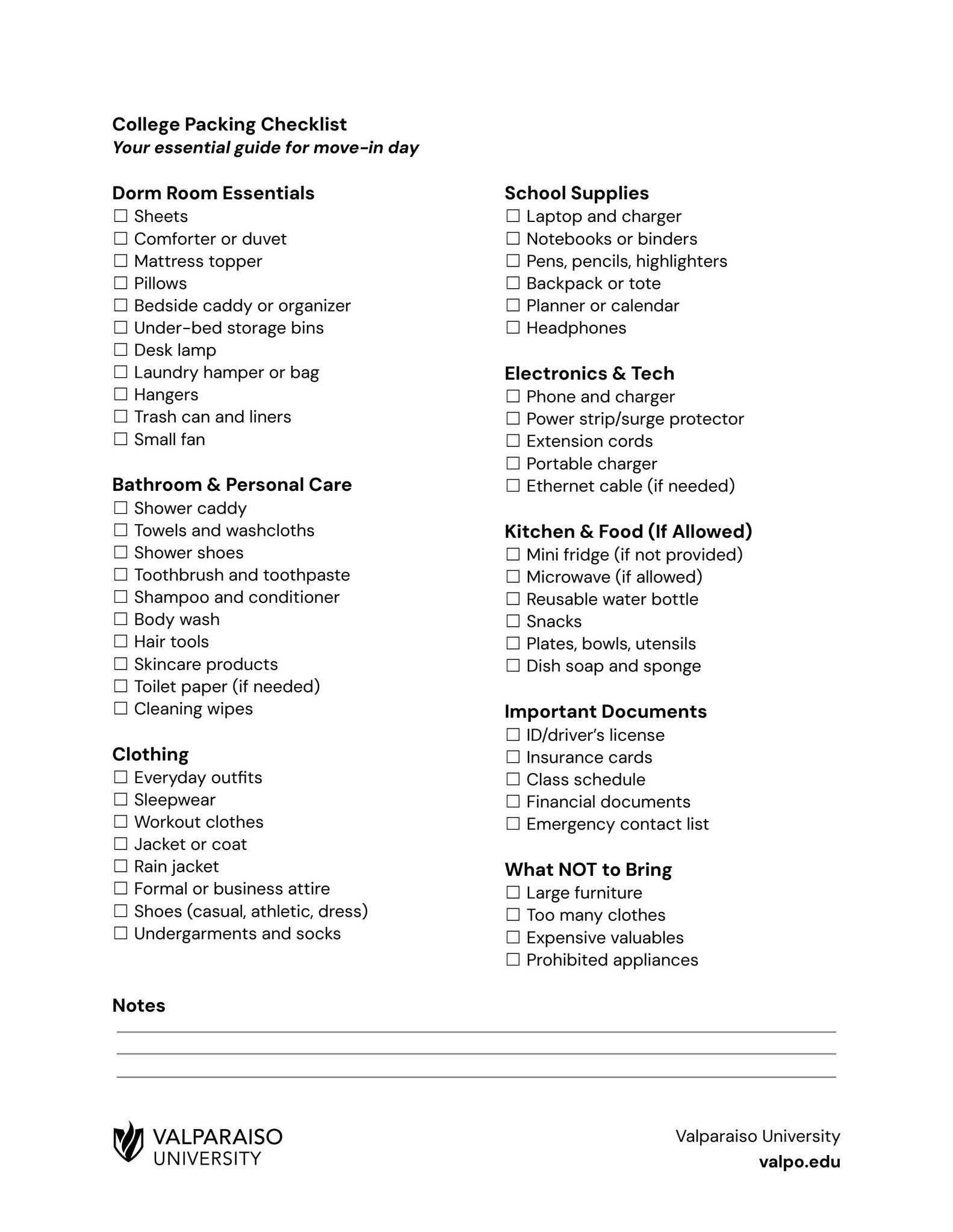 College Packing Checklist | Valparaiso University by Valparaiso ...