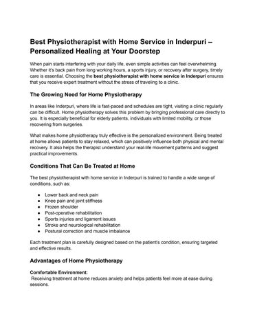 Best Physiotherapist with Home Service in Inderpuri – Personalized Healing at Your Doorstep