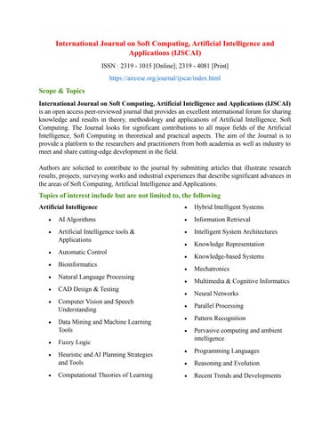 Call for Papers - International Journal on Soft Computing, Artificial Intelligence and Applications 