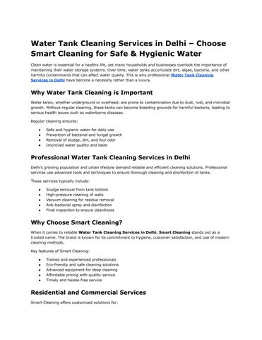 Water Tank Cleaning Services in Delhi – Choose Smart Cleaning for Safe & Hygienic Water