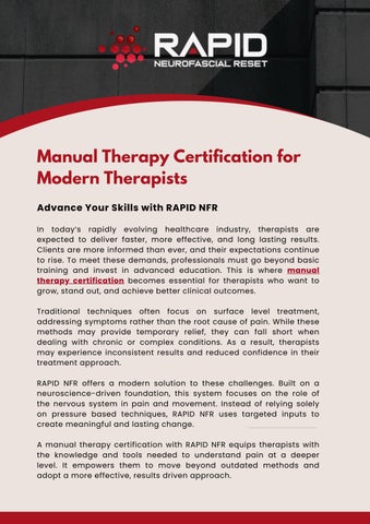 Manual Therapy Certification Program to Advance Clinical Skills with RAPID NFR