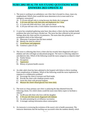 NURS 2092 HEALTH ASS EXAM2 QUESTIONS WITH ANSWERS 2023 UPDATE A+