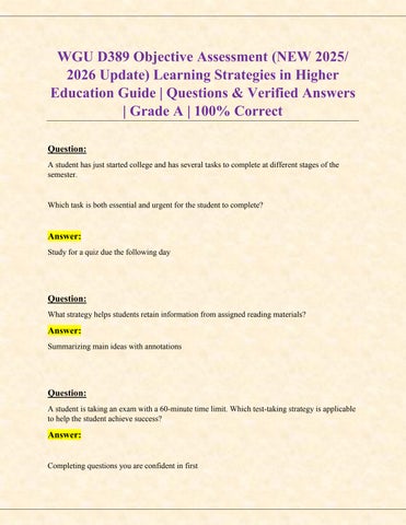 WGU D389 Objective Assessment (NEW 2025 2026 Update) Learning Strategies in Higher Education Guide  