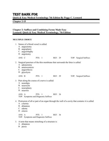 Test Bank for Quick & Easy Medical Terminology 7th Edition By Peggy C. Leonard