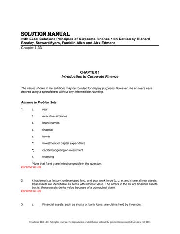 Solution Manual with Excel Solutions Principles of Corporate Finance 14th Edition by Richard Brealey