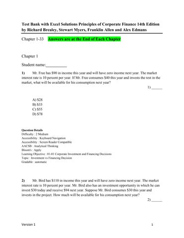 Test Bank with Excel Solutions Principles of Corporate Finance 14th Edition by Richard Brealey, Stew