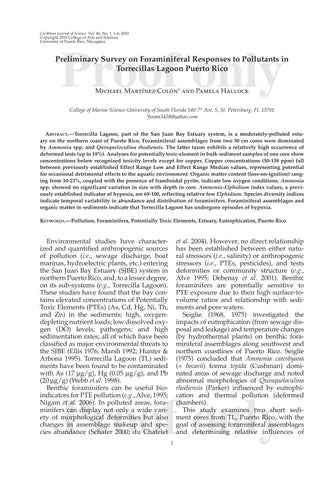 Preliminary Survey on Foraminiferal Responses to Pollutants inTorrecillas Lagoon Puerto Rico