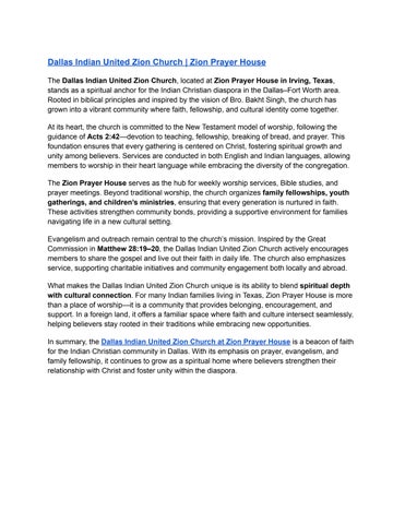 Dallas Indian United Zion Church _ Zion Prayer House