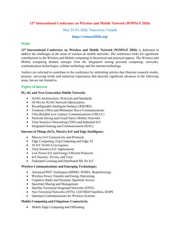Call for Papers - 13th International Conference on Wireless and Mobile Network (WiMNeT 2026)