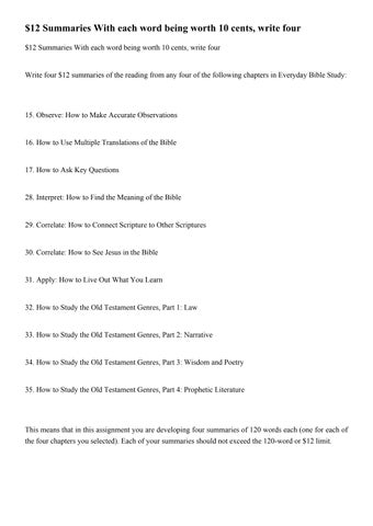 $12 Summaries With each word being worth 10 cents, write four
