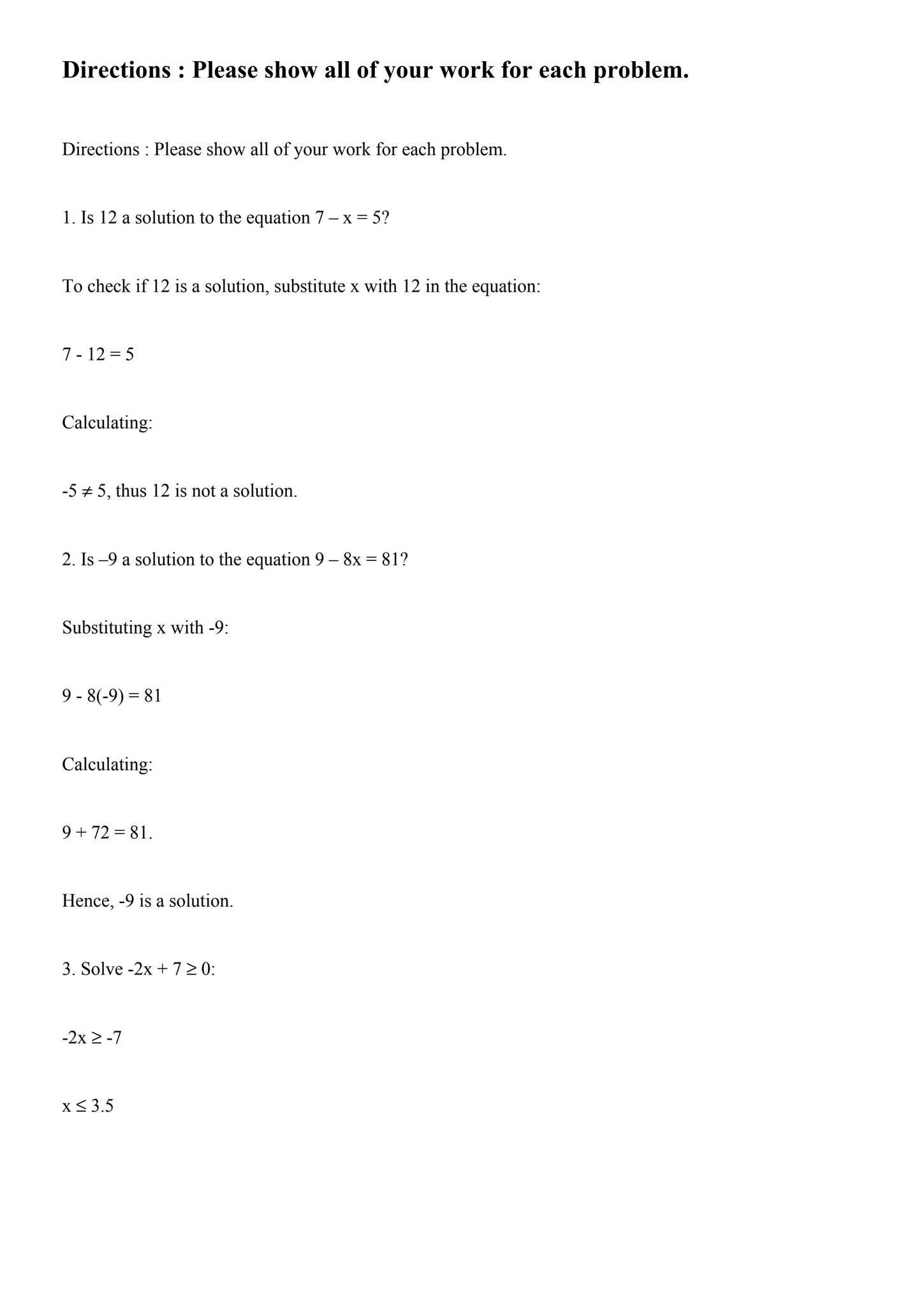 Directions : Please show all of your work for each problem. by Dr Jack ...