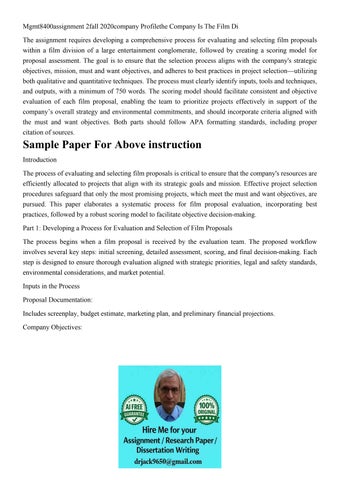 Mgmt8400assignment 2fall 2020company Profilethe Company Is T