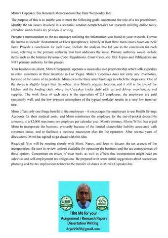 Mimi’s Cupcakes Tax Research Memorandum Due Date Wednesday D