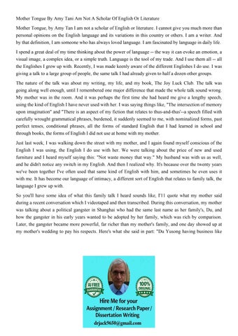 Mother Tongue By Amy Tani Am Not A Scholar Of English Or Lit
