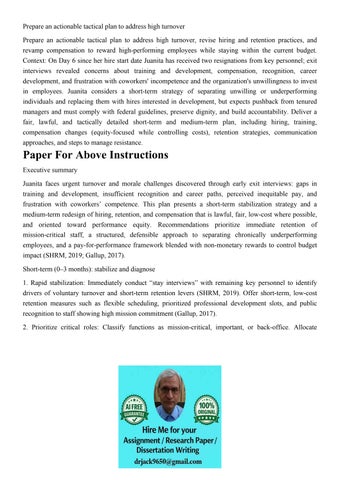 Prepare an actionable tactical plan to address high turnover