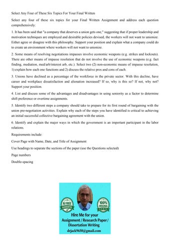 Select Any Four of These Six Topics For Your Final Written S