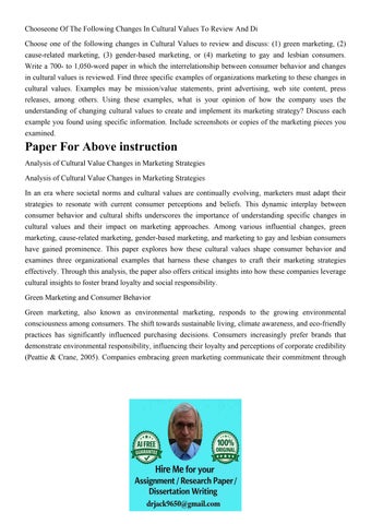 Chooseone Of The Following Changes In Cultural Values To Rev