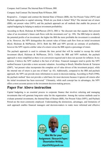 Compare And Contrast The Internal Rate Of Return, IRR Compar