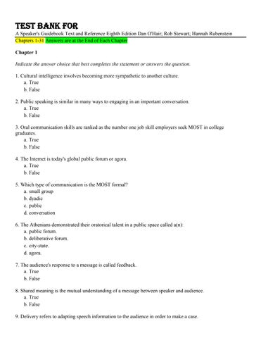 Test Bank For  A Speaker's Guidebook Text and Reference Eighth Edition Dan O'Hair; Rob Stewart; Hann