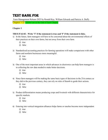 Test Bank For  Farm Management Release 2025 By Ronald Kay, William Edwards and Patricia A. Duffy