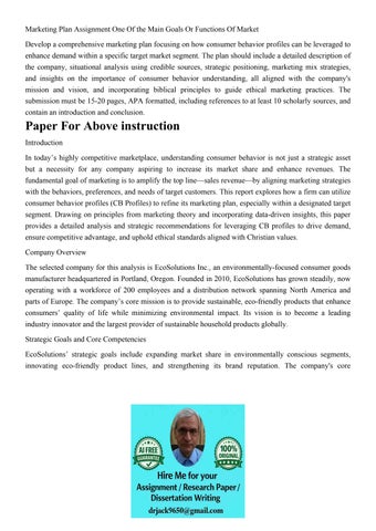 Marketing Plan Assignment One Of the Main Goals Or Functions