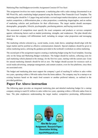 Marketing Plan And Budgetoverviewthis Assignment Consists Of