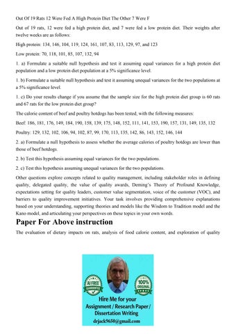 Out Of 19 Rats 12 Were Fed A High Protein Diet The Other 7 W