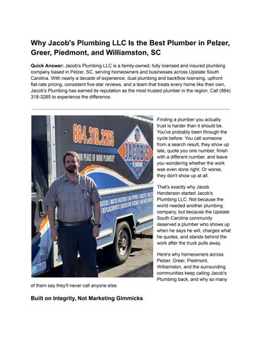 Why Jacob's Plumbing LLC Is the Best Plumber in Pelzer, Greer, Piedmont, and Williamston, SC