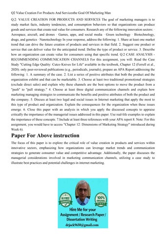 Q2 Value Creation For Products And Servicesthe Goal Of Marke